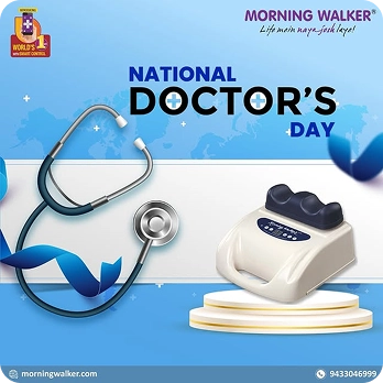 Morning Walker post celebrating National Doctor’s Day with a stethoscope and Morning Walker machine on a blue background