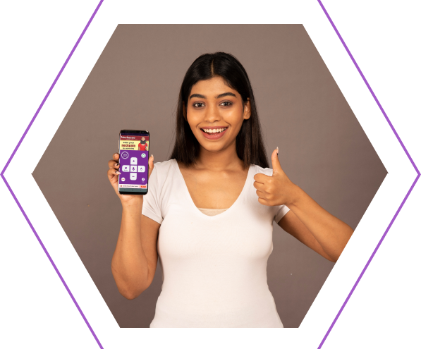 Happy woman showing Morning Walker app on smartphone — Bluetooth connectivity, voice control, high-performance motor, no side effects, portable and usable for all ages